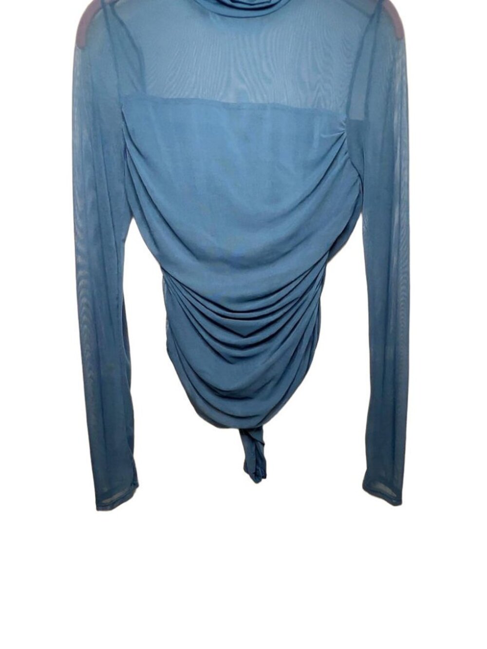 Avidlove Blue Sheer Mesh Ruched Long Sleeve Mock Neck Bodysuit Size M